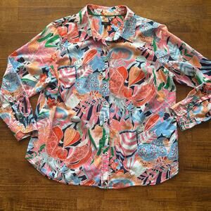 Talbots 2X Plus Petite Cotton Button-Down Top, Bright Tropical Resort Print”